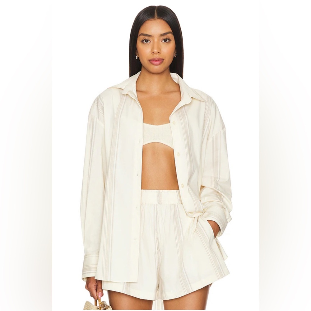 NWT Faithfull the Brand En Vau Oversized Shirt in Foam & Taupe Stripe Size‎ L - Picture 2 of 11